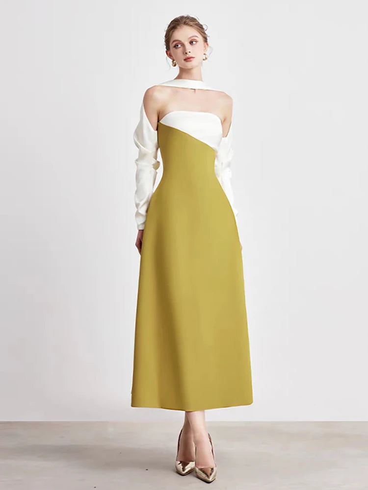 DEAT Elegant Dress Strapless Off Shoulder Contrast Color Asymmetric Women's Party Halter Dress 2026 Spring New Fashion 13DB4516