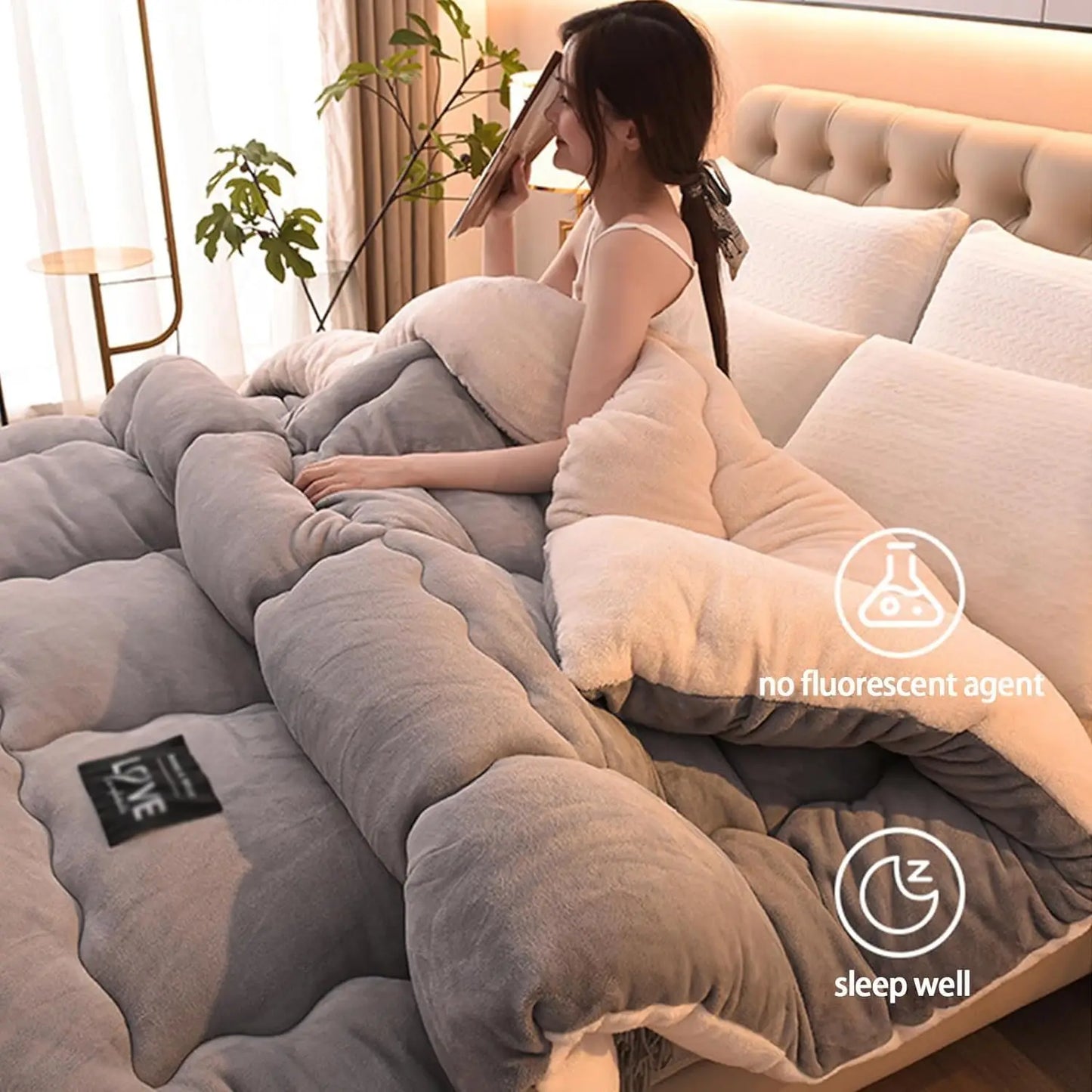Contemporary Style Reversible Sherpa Fleece Winter Comforter, Soft Breathable Plush Warm Bedding, 100% Polyester Fill & Cover