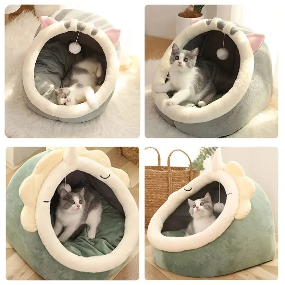 Cute Cushion Cat Sleeping Beds Semi Enclosed Dome Washable Dog Warm Bed Comfortable Kennel Kitten Mattress Cave Pet Supplies