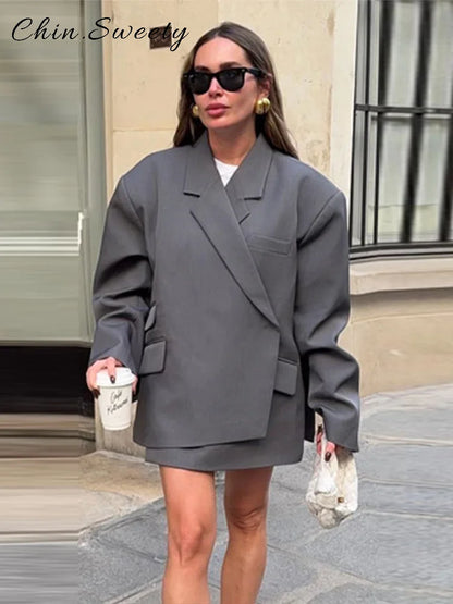 Street Women's Asymmetric Suit Blazer Loose Lapel Full Sleeve One Button Split Jackets 2026 Spring Summer Lady Chic Outwear New