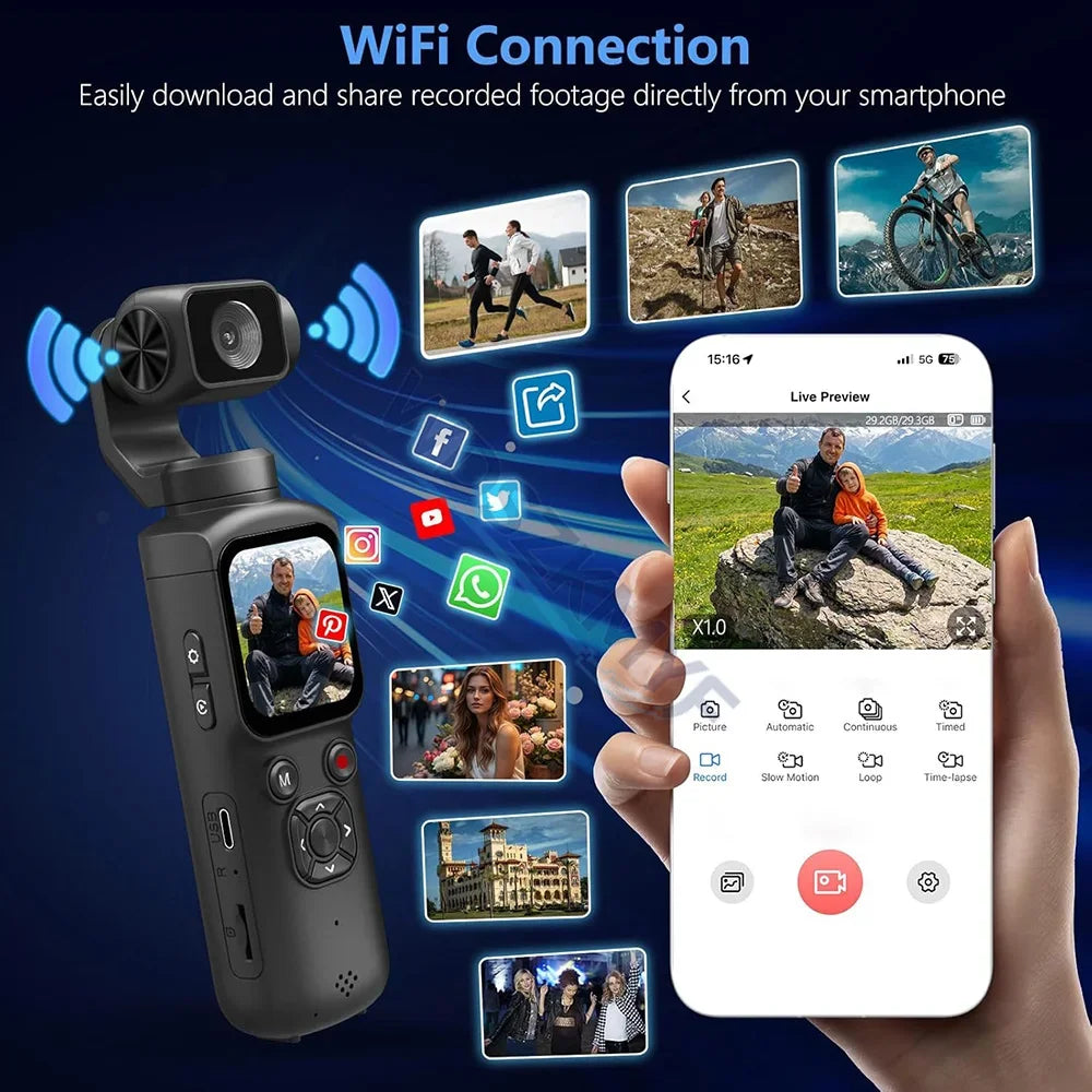 New Real 4K Action Camera With 330° Face Tracking Gimbal Stabilizer 75MP Pixels WiFi Function Pocket Gimbal Camera for Vlog