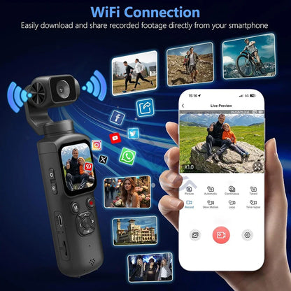 New Real 4K Action Camera With 330° Face Tracking Gimbal Stabilizer 75MP Pixels WiFi Function Pocket Gimbal Camera for Vlog