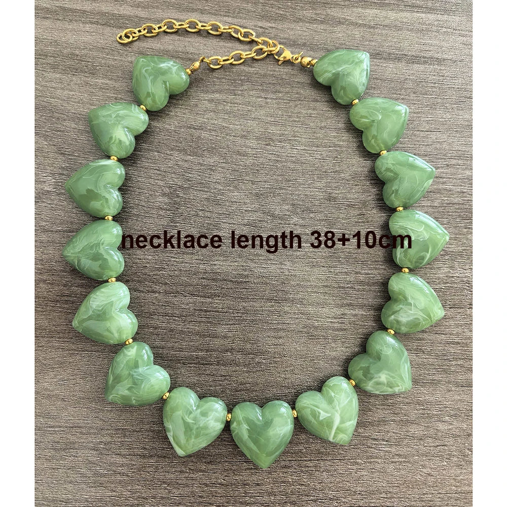 Big Love Heart Necklace Women Choker Statement Bracelet Gold Color Acrylic Beads Stainless Steel PVD Waterproof White Beige Red