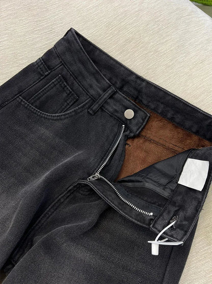 American High Street INS Trendy Wide Leg Jeans for Women Autumn Winter Plus Velvet Thick High Waist Loose Narrow Straight Pants