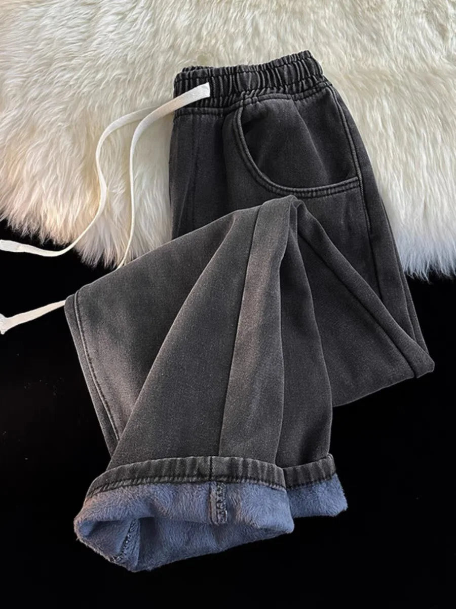 High Waist Straight Leg Dstring Elastic Waist Denim Jeans Women's Spring Autumn Slimming Drapey Lazy Sle Floor Length Pants
