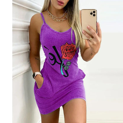 Dress Women Summer Floral Printing Pocket Condole Belt Sling Bag Hip Dresses Casual Vestidos ZC6112