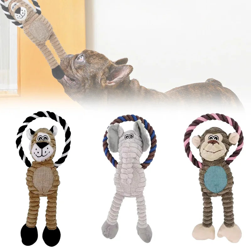 Dog Plush Toys Squeaky Animal Toys Lion Elephant Monkey Shaped Pet Chew Toy Interactive Teeth Cleaning Toy Pet Training Anti Bit