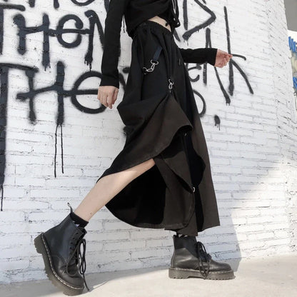 MEXZT Harajuku Cargo Skirts Women High Waist Buckle Irregular Skirts Gothic Punk Freely Adjustable Black A Line Midi Long Skirt