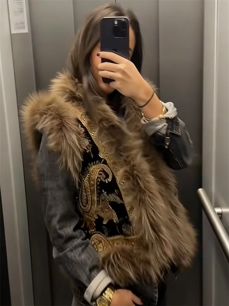 Women's Vintage Paisley Pattern Sleeveless Vest With Raccoon Fur Trim Fashion Waistcoat Outerwear 2025 Autumn Winter Streetwear