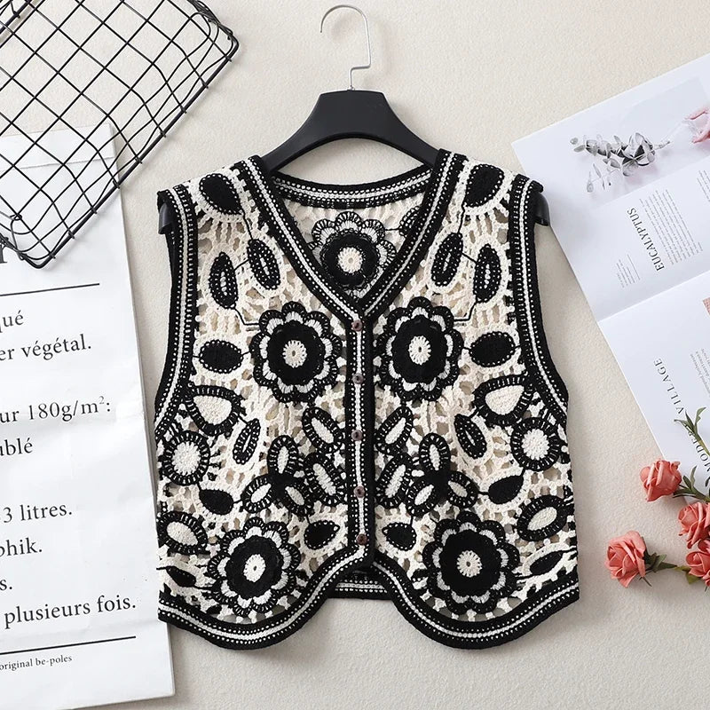 Floral Crochet Vest for Women Sheer Open-knit Flower Button Front Sleeveless Jacket Tank Top Summer Vacation Outfit