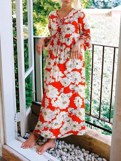 Ethnic Multi Floral Print Vintage Chic Women Long Sleeve Tie Neck Beach Bohemian Maxi Dresses Ladies Rayon Boho Dress Vestidos