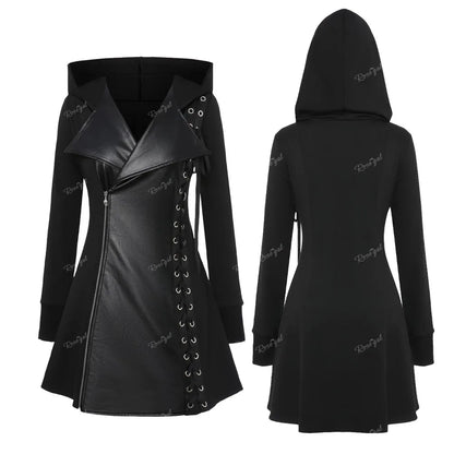 ROSEGAL Plus Size Gothic PU Panel Hooded Coats Black Slim Outwear Turn-down Collar Lace Up Braided Grommet Side Zip Jacket Coat