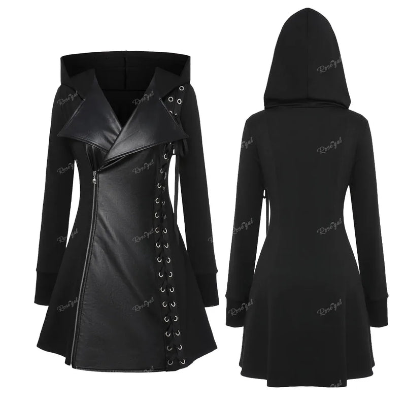ROSEGAL Plus Size Gothic PU Panel Hooded Coats Black Slim Outwear Turn-down Collar Lace Up Braided Grommet Side Zip Jacket Coat