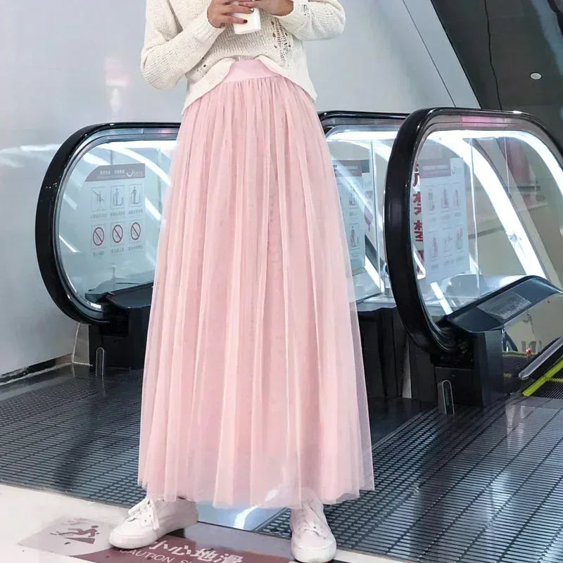 Women Mesh Elastic Tutu Skirt Beach Spring Summer Korean High Waist Fashion Pleated Long Skirt Black White Tulle Skirts LSK010