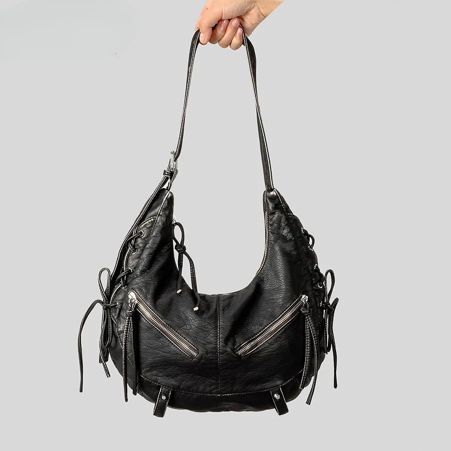 Strappy Punk Style Motorcycle Underarm Bag for Women Messenger Bag Large Capacity Soft PU Leather Female Shoulder Bag Handbag