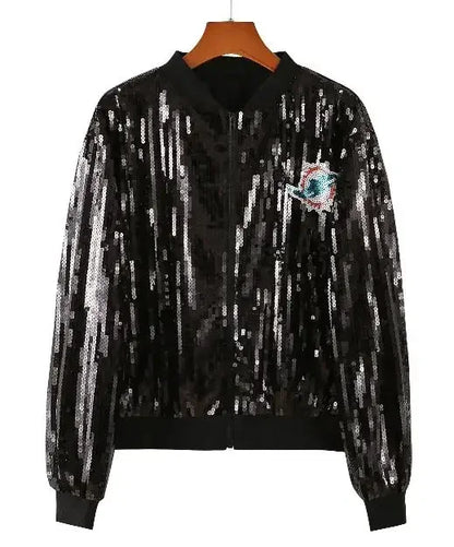 Autumn High Quality Letter Streetwear Sequined Long Sleeve Round Neck Loose Jacket Women Hip Hop Night Club Patchwork Coats