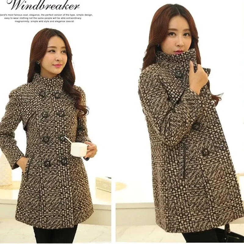 2025 Autumn/Winter New Stand collar Woolen Jacket Women's Fashion Slim Long sleeved Coat Double breasted Female Casual Overcoat