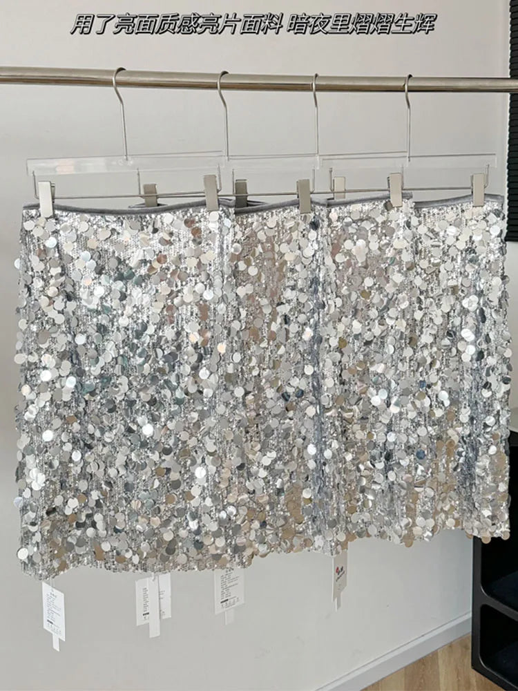 High Quality Silvery Skirt Women High Waist Sequins Sparkly A-Line Skirt Luxury Korean Fashion Sexy Elegant Coquette Party Prom