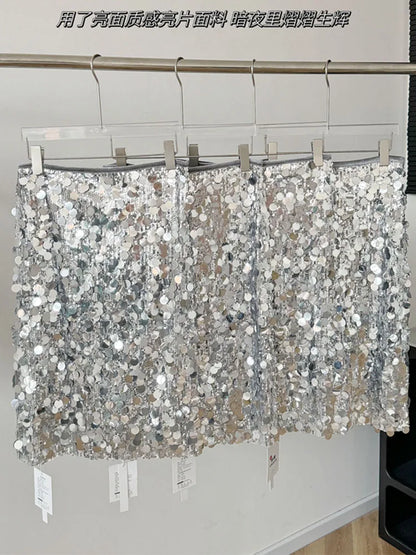 High Quality Silvery Skirt Women High Waist Sequins Sparkly A-Line Skirt Luxury Korean Fashion Sexy Elegant Coquette Party Prom