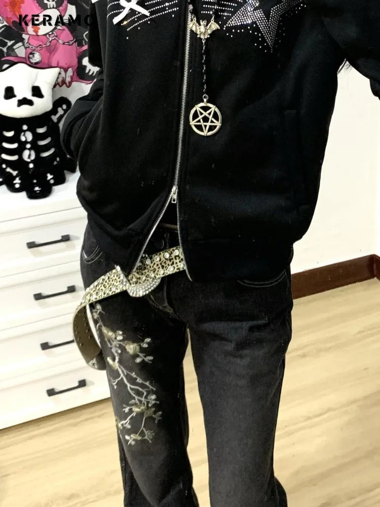 Women's Casual Floral Print Full Length Denim Trouser 2000s Street Retro High Waist Jeans Vintage Dark Trashy Skinny Emo Pants