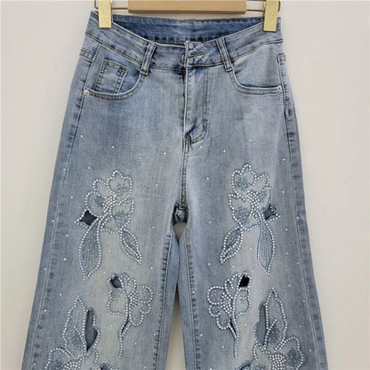 DEAT Women's Jeans High Waist Embroidery Flowers Burrs Edge Straight Wide Leg Denim Pants 2026 New Fashion Summer 29L9973