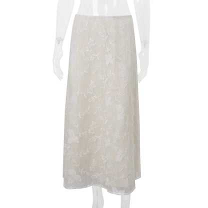 Elegant French A-Line Mesh Fashion Long Skirts Vintage High Waist Casual Spring Summer Evening Party New Maxi Skirt
