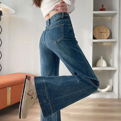 Retro Blue Jeans for Women Spring and Autumn 2025 New Ladies Draped Flared Pants High Waist Slimming Loose Wide Leg Pants