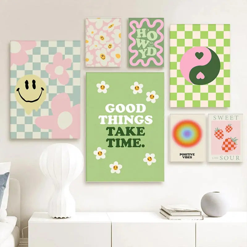 Colorful Danish Pastel Canvas Painting Aesthetic Poster Cherry Plaid Smiley Flower Butterfly Print Wall Art Nursery Home Decor