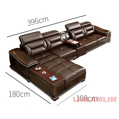 Modern L-Shaped Genuine Leather Sectional Sofa with Chaise Lounge, Adjustable Headrests, USB, Bluetooth Speaker & Cup Holder