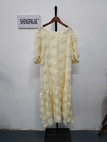 SHENGPALAE Fashion Rose Blossom Bubble Sleeve V-Neck Dress Elegan Chic Short Sleeve Robe Women's 2024 Summer New Clothing 5R3438