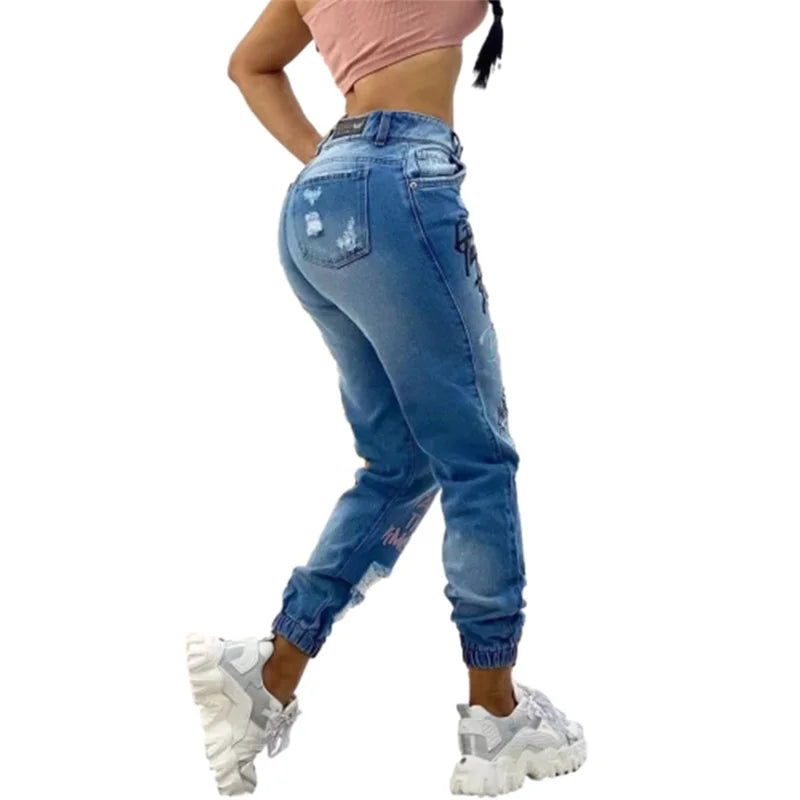 Women Trend Letter Print Pencil Jeans Stretch Drawstring Trousers Slim Denim Pants Female Fashion Casual Broken Holes Streetwear