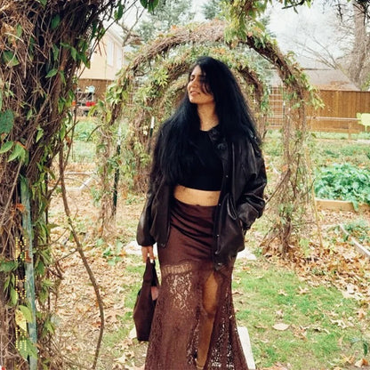 2026 Vintage Brown Lace Irregular Skirt Women Vintage Satin High Waist Slim Fit See Through Skirts New Spring Lady Party Outfits