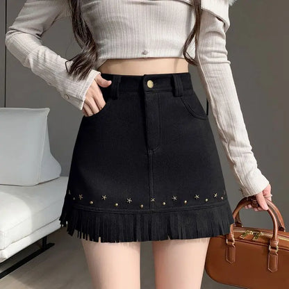 Sweet Fashion Autumn New Deer Skin Velvet Women Solid Tassel Zipper Pockets Patchwork Chic High Waist Slim A-line Hip Wrap Skirt