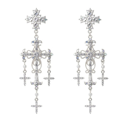 Korean Novel Trend Luxury Palace Style Silver Gold Crystal Pearl Crossed Dangle Earrings for Women Elegant Party Jewelry