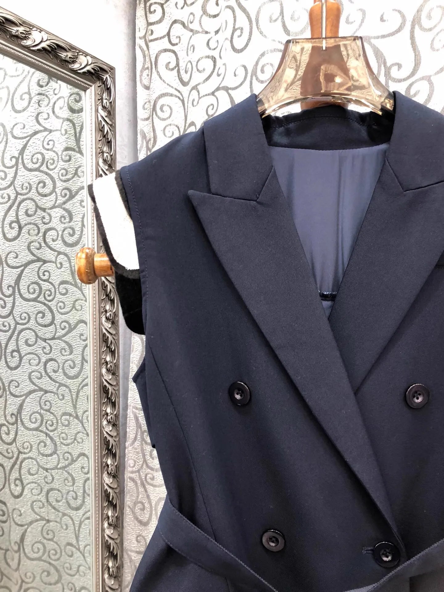 Top Quality New Blazer Dress 2025 Autumn Winter Women Notched Collar Vintage Floral Print Patchwork Belt Deco Dark Blue Dress