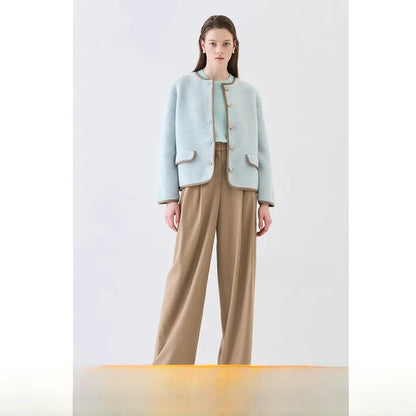 Discounted Self-Recommended Qianjinfeng Woolen Coat round Ne Color Blo Commuter Versatile Long Sve Button up ort Out...