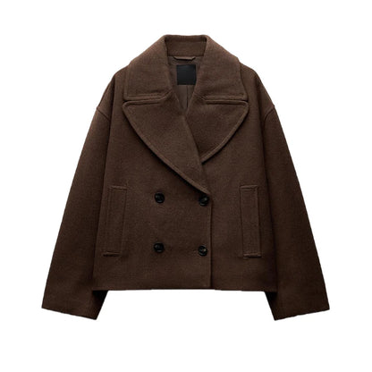Casual Short Woolen Blends Coats Women Loose Lapel Bouble Breasted Pocket Full Sleeve Jacket 2025 Autumn Winter Lady Solid Coat