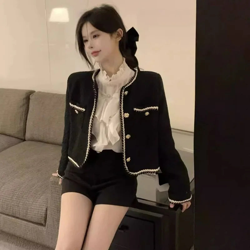 Smvp 2024 Autumn Winter New Elegant Black Coat Women Korean Thicken Warm Single Breasted Blazer Casual Short Outerwear Tops Lady