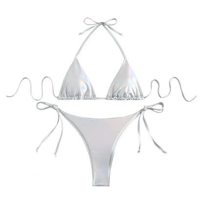 Solid Color Halter Neck Strap Thong Women Swimsuit Two Pieces Bikini Set Bronzing Surface Lace-up Briefs Beach Swimwear Swimsuit