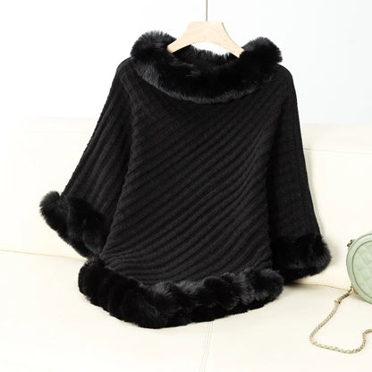 Knitted Cloak Sweater Women Shawl Outwear Warm Hairball Knit Casual Loose Plaid Poncho Cape Coat Spliced Solid Elegant