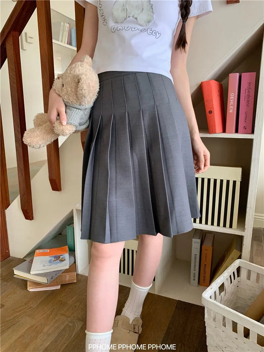Women's Summer Streetwear Knee Length Pleated Skirt Lady School Style High Waist A Line Mid Length Skirt
