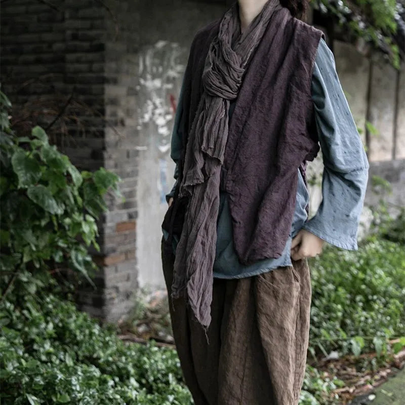 Johnature Women Vintage Linen Bandage Vests Coats Dark Purple V-Neck Chinese Style Clothes 2025 Autumn New Women Vests Coats