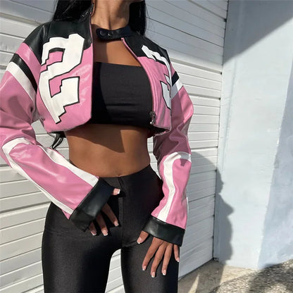 CM.YAYA Women Fashion Letter Printed Patchwork Zipper Fly Moto and Biker Style Faux Leather PU Jackets