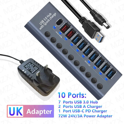 10 7 4 Port USB Hub 3.0 Aluminum A 3 0 Multi-hub Splitter Concentrator Multiple Extension Dock with Switch Adapter for PC Laptop
