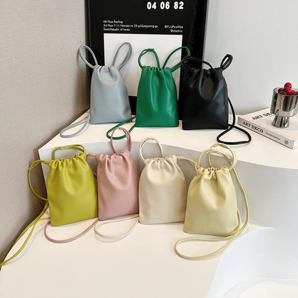 New Pu Leather Women Handbags Large Capacity Candy Color Crossbody Bags Solid Flap Mini Bucket Bag