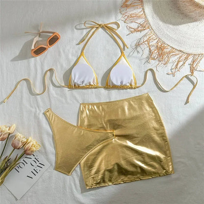 Gold Micro Thong String 3 Piece Bikini Set Damen Halter Swimwear Skirts Cover Ups Sexy Swimsuit Women 2026 Bathing Suit Bikinis