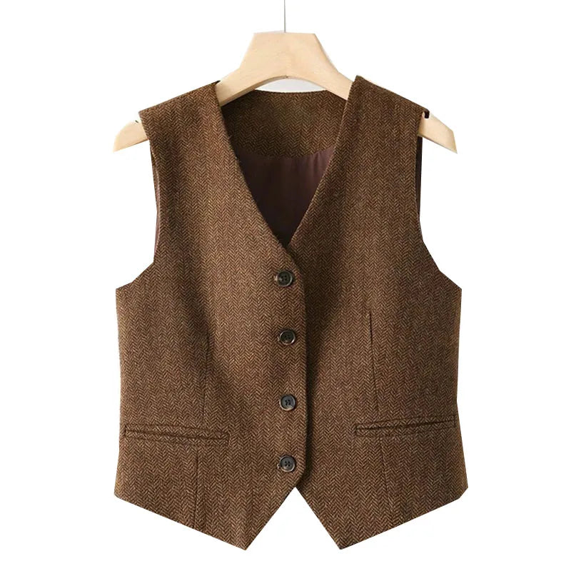 New 2025 Spring Autumn V-neck Casual Woolen Vest Women Fashion  British Style Sleeveless Waistcoat Female Top Ladies Outwear