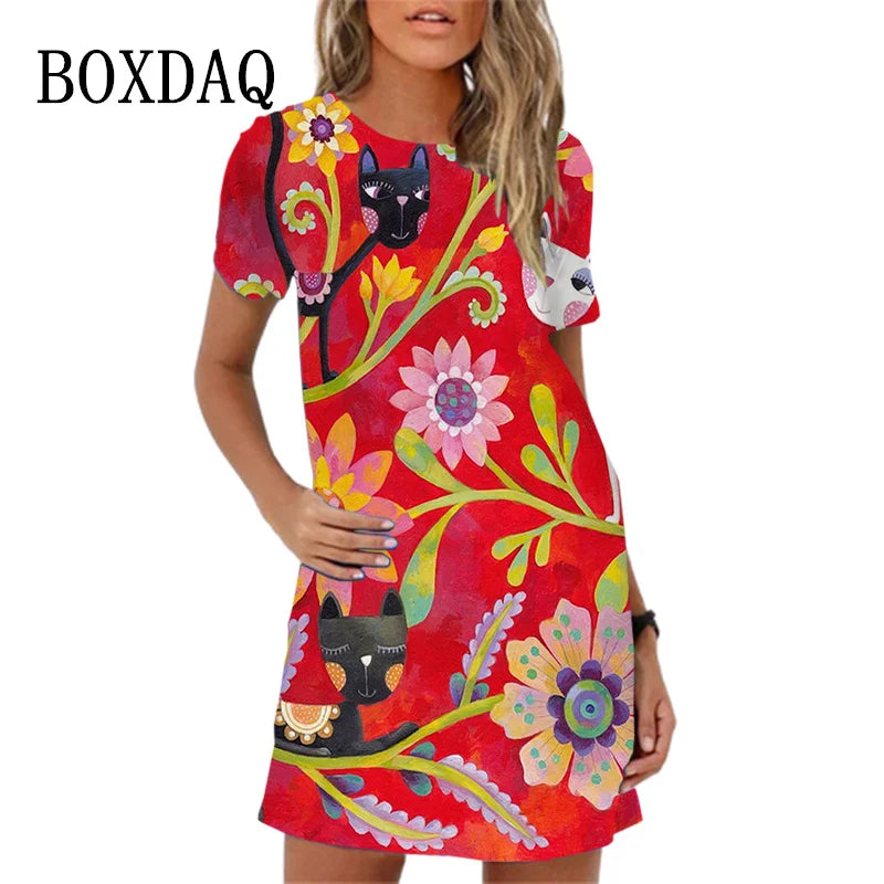 Sweet Cute 3D Print Women Dresses 2023 New Summer Short Sleeve Peacock Pattern Loose A-Line Dress Loose Casual Beach Party Dress
