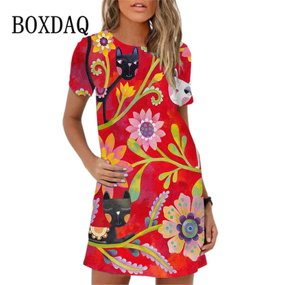 Sweet Cute 3D Print Women Dresses 2023 New Summer Short Sleeve Peacock Pattern Loose A-Line Dress Loose Casual Beach Party Dress