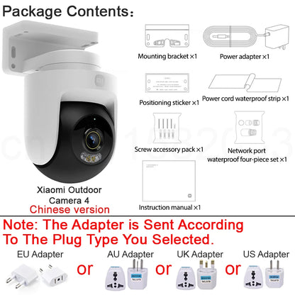 XIAOMI New Outdoor Camera 4，8MP 4K 360°，AI Humanoid Close-up，Audible Visual Alarm，Two-Way Audio，Chinese Version With Adapter